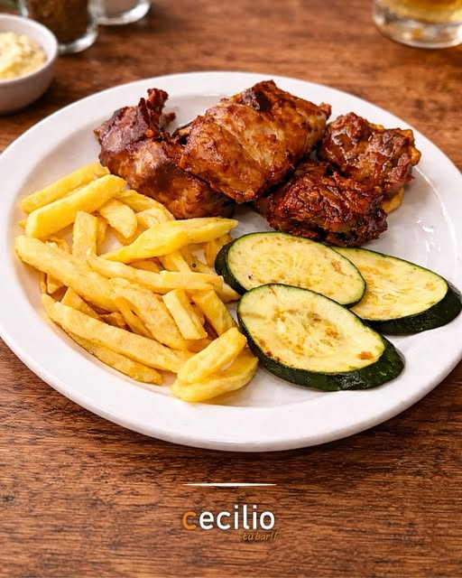 Costillas con patatas fritas y calabacin, Bar Cecilio